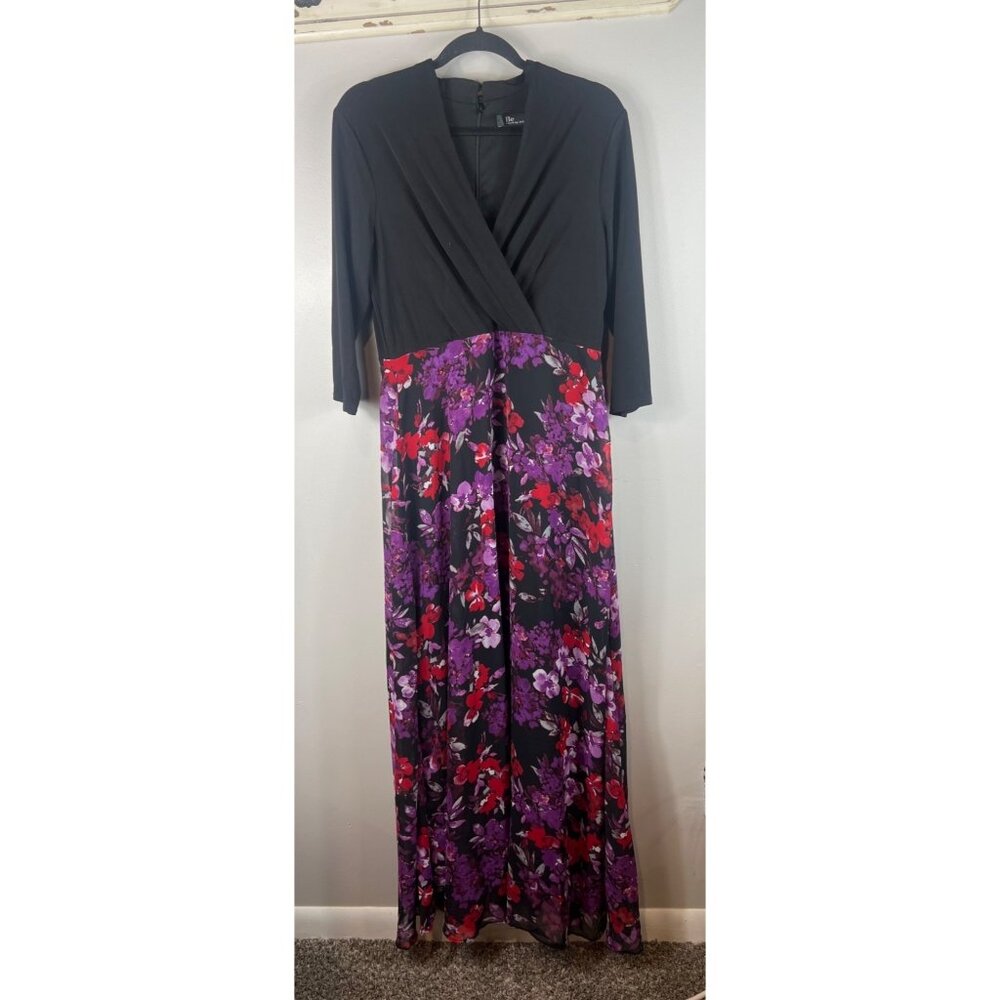 check Be by Chetta B Maxi Dress Black Bodice V-Neck Floral Skirt Vintage Vibe| m